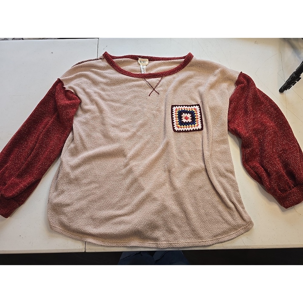 Womens BIBi Boho Top Sweater Crocheted Multicolor Pocket Beige Burgundy Size XL‎